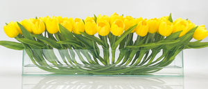 Modern Long Yellow REAL TOUCH Tulip Arrangement Artificial Faux Centerpiece Floral Flower Arrangement Silk Flowers Glass Vase French Decor
