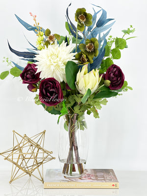 29” Mix Faux Flower Arrangement, Dahlia, Ranunculus, Protea, Green Floral Decor Silk/Real Touch Centerpiece Artificial Flowers, Gift Decor