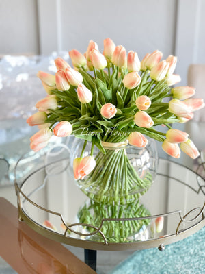 X-Large 60 Peach Tulips | Modern Faux Floral Arrangement | Real Touch Artificial Faux Forever Flowers in Glass Vase, Faux Flowers in Vase