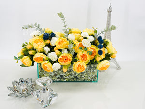 Modern Yellow White Rose Peony Arrangement, Artificial Faux Centerpiece Silk Flowers Floral Centerpiece French Decor in Glass Vase for Home