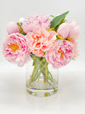 French Pink Peonies Arrangement, Artificial Faux Floral Centerpiece, High-quality Silk Flowers in Glass Vase for Home Decor Blue Paris