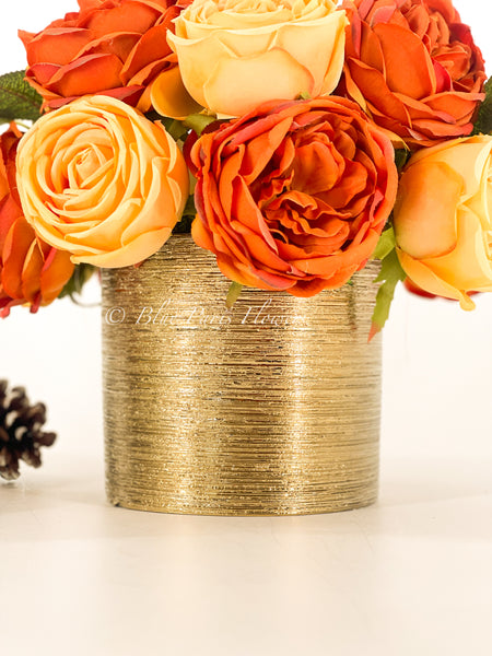 Fall or Thanksgiving Arrangement, Orange, Brown Roses in Gold Vase, Fl –  Blue Paris Flowers