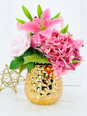 REAL TOUCH Floral Arrangement, Hydrangeas, Roses, Lilies, Tulips, French Country, Artificial Faux Forever Flowers, Flower Centerpiece, Decor
