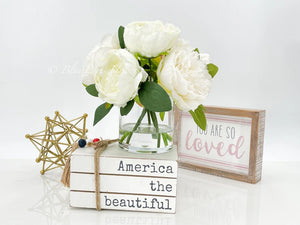White Peonies Arrangement Artificial Faux Table Centerpiece, Wedding Faux Florals, Rose Silk Flowers Arrangement in Glass Vase by Blue Paris