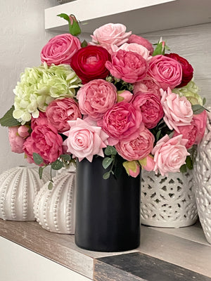 French Style Floral Arrangement, Pink Peonies Silk/Real Touch Rose Artificial Flower Centerpiece Faux Flower Unique Handmade Gift Decor