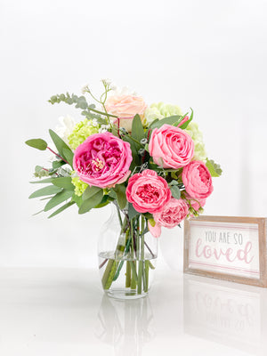 Faux Flower Arrangement, Peonies, Roses, Greens in Vase, Floral Decor Real Touch Centerpiece, Faux Artificial Flowers Silk Arrangement Pink I