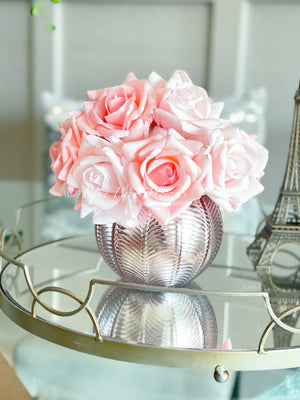 Real Touch Pink Rose Arrangement | French Floral Centerpiece Artificial Faux Forever Flowers in Rose-gold Vase for Home Decor by Blue Paris