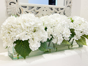 Modern Long REAL TOUCH Hydrangeas Arrangement Artificial Faux Centerpiece Floral Flower Arrangement Silk Flowers Glass Vase French Decor