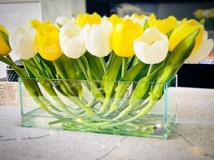 Modern Long Yellow White REAL TOUCH Tulip Arrangement Artificial Faux Centerpiece Floral Flower Arrangement Flowers Glass Vase French Decor