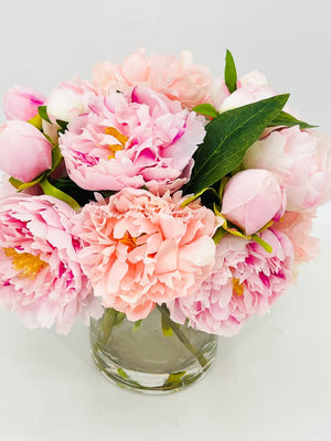 French Pink Peonies Arrangement, Artificial Faux Floral Centerpiece, High-quality Silk Flowers in Glass Vase for Home Decor Blue Paris