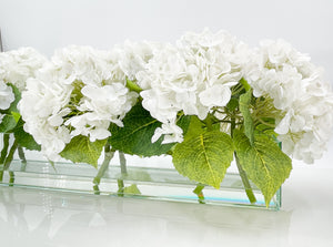 Modern Long REAL TOUCH Hydrangeas Arrangement Artificial Faux Centerpiece Floral Flower Arrangement Silk Flowers Glass Vase French Decor