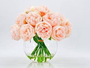 Pink Large Head Peony Arrangement, Artificial Faux Centerpiece, Decor Wedding Faux Florals, Silk Flowers in Glass Vase by Blue Paris