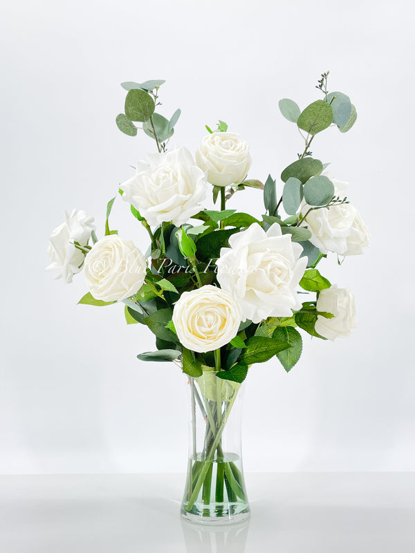 White Real Touch Rose Floral Arrangement, Artificial Flower Centerpiece, Wedding Decor, Faux Flower Decor In Glass Vase