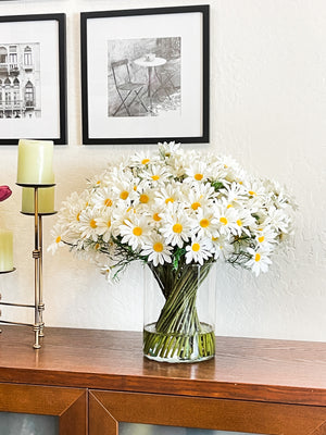 X-Large White Daisy Arrangement, Artificial Faux Centerpiece, Floral Arrangement, Silk Flowers in Glass Vase for Home Decor