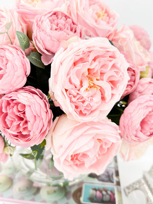 X-Large French Style Pink Peony Arrangement, Artificial Faux Floral Centerpiece, Silk, Real Touch Flowers in Vase for Home Decor Blue Paris