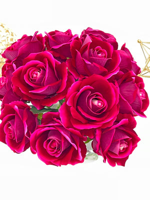 Fuchsia Velvet Roses Arrangement, Artificial Faux Centerpiece, Natural Touch Flowers in Glass Vase Home Decor, Floral Arrangement Blue Paris