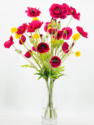 Modern Decor, Tall Fuchsia Poppy Artificial Faux Arrangement in Vase. Elegant Floral Faux Floral Centerpiece, Home, Office Decor Arrangement
