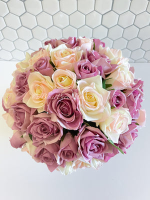 45 Dusty Rose & Peach Rose Arrangement Artificial Faux Silk Flowers in Glass Vase, Modern French Decor, Floral Centerpiece, Home Decor Gift