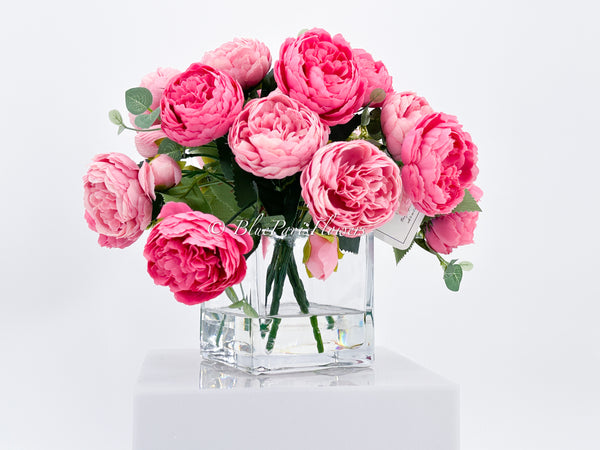Light and Dark Pink Rose Peony Arrangement, Artificial Faux Centerpiece, Silk Flowers in Glass Vase for Home Decor