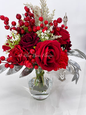 Faux Flower Arrangement, Peonies, Roses, Greens in Vase, Floral Decor Real Touch Centerpiece, Faux Artificial Flowers Silk Arrangement Red