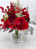 Faux Flower Arrangement, Peonies, Roses, Greens in Vase, Floral Decor Real Touch Centerpiece, Faux Artificial Flowers Silk Arrangement Red