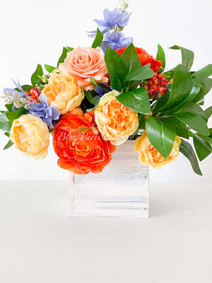 Fall or Thanksgiving Arrangement, Ranunculus, Peonies, Delphinium in Wood Vase, Floral Decor Centerpiece, Faux Artificial Flowers Silk Decor