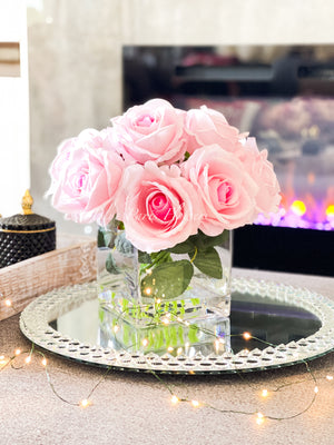 Pink Velvet Roses Arrangement, Artificial Faux Centerpiece, Natural Touch Flowers in Glass Vase Home Decor, Floral Arrangement Blue Paris