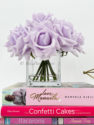 Real Touch Lavender Roses Arrangement in Vase, French Country Artificial Flowers Faux Floral Home Decor Realistic Arrangement Blue Paris