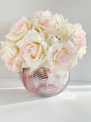 Real Touch Blush Rose Arrangement | French Floral Centerpiece Artificial Faux Forever Flowers in Rose-gold Vase for Home Decor by Blue Paris decor