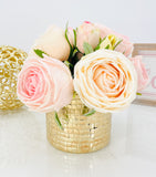 Pink Rose Arrangement | Real Touch | French Country | Floral Centerpiece, Artificial Faux Forever Flowers Gift for Home Decor in Gold Vase