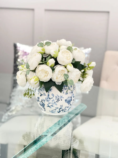White Peony Arrangement Gold Vase, Artificial Faux Table Centerpiece, –  Blue Paris Flowers