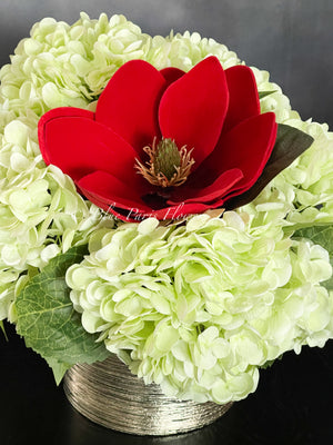 REAL TOUCH Green Hydrangeas, Red Magnolia Arrangement, Artificial Faux Centerpiece, Floral Flowers in Rose Gold Vase Home Decor Blue Paris