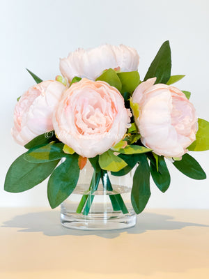 LT Pink Rose Peony Arrangement, Artificial Faux Table Centerpiece, Wedding Faux Florals Silk Flowers Arrangement in Glass Vase by Blue Paris