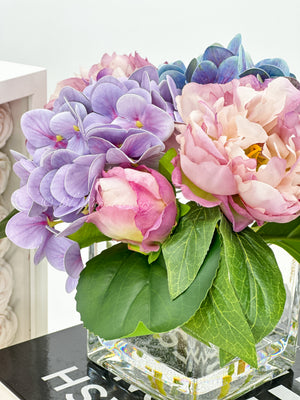 Lavender Purple Blue Peonies and Real Touch Hydrangeas Arrangement Artificial Faux Centerpiece, Soft Touch Floral Flowers in Vase Home Decor