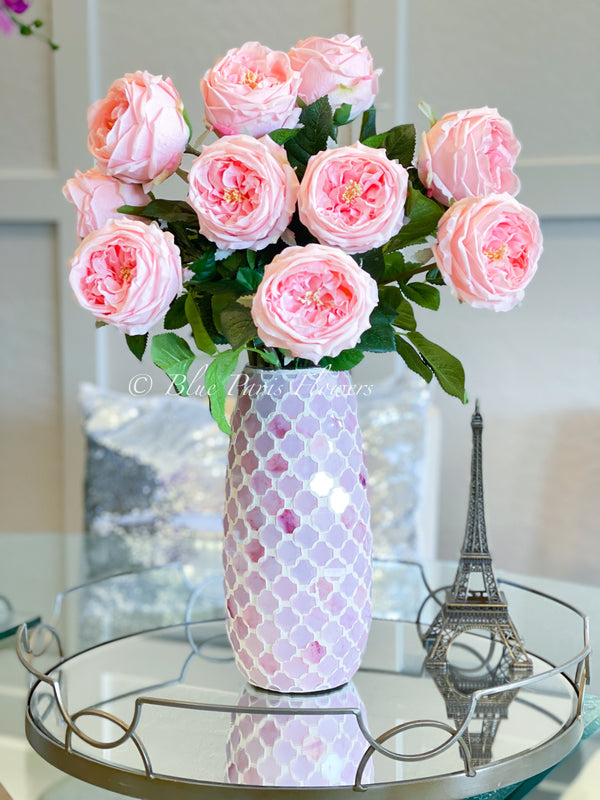 22” Pink Austin Rose Arrangement | Real Touch | French Country | Artificial Faux Forever Flowers in Glass Vase for Home Decor by Blue Paris