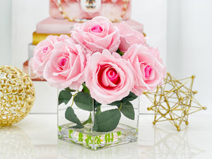 Pink Velvet Roses Arrangement, Artificial Faux Centerpiece, Natural Touch Flowers in Glass Vase Home Decor, Floral Arrangement Blue Paris