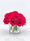 Red Velvet Roses Arrangement, Artificial Faux Centerpiece, Natural Touch Flowers in Glass Vase Home Decor, Floral Arrangement Blue Paris