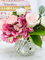 Floral Arrangement in Vase, Pink Roses, Hydrangeas French Country Artificial Flowers Faux Home Decor Realistic Floral Arrangement Blue Paris