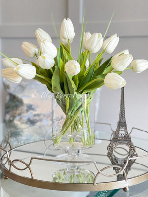 19” White Real Touch Tulips Modern Arrangement Centerpiece | Real Touch Artificial Faux Forever Flowers