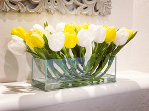 Modern Long Yellow White REAL TOUCH Tulip Arrangement Artificial Faux Centerpiece Floral Flower Arrangement Flowers Glass Vase French Decor