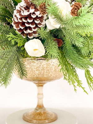 Winter French Elegant Real Touch Artificial Flower Arrangement-Christmas Faux Centerpiece-Flowers- White Roses Flower Centerpiece Gift-Decor