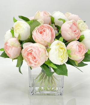 Modern Pink/White Peony Arrangement Artificial Faux Flower Centerpiece, French Country Floral Decor, Silk Flowers in Vase Home Decor by Blue