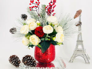 Christmas Artificial Flower Arrangement-Christmas Faux Centerpiece-Christmas Flowers- White Peonies Flower Centerpiece-Christmas Gift-Decor