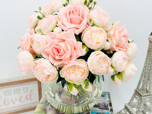 Large Light Pink Rose Peony, Real Touch Roses, French Co Arrangement, Artificial Faux Centerpiece, Silk Flowers in Glass Vase for Home Decor