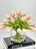 Red Tulips 25 Floral | Modern Arrangement | Real Touch | Artificial Faux Forever Fake Flowers in Glass Vase for Home Decor Blue Paris