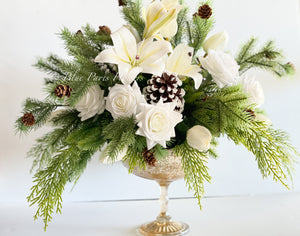 Winter French Elegant Real Touch Artificial Flower Arrangement-Christmas Faux Centerpiece-Flowers- White Roses Flower Centerpiece Gift-Decor
