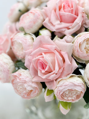 Large Light Pink Rose Peony, Real Touch Roses, French Co Arrangement, Artificial Faux Centerpiece, Silk Flowers in Glass Vase for Home Decor