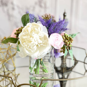 Arrangement in Vase, Peonies, Lavender, French Country Artificial Flowers Faux Home Decor Realistic Floral Arrangement Blue Paris