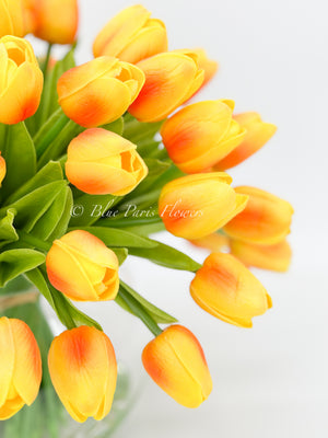 Large 50 Orange Tulips | Modern Faux Floral Arrangement Real Touch Artificial Centerpiece Faux Flowers in Glass Vase Faux Flowers in Vase