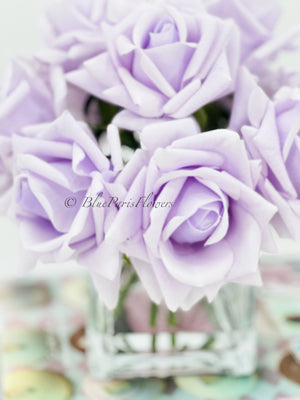 Real Touch Lavender Roses Arrangement in Vase, French Country Artificial Flowers Faux Floral Home Decor Realistic Arrangement Blue Paris